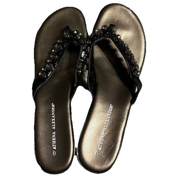 Athena Alexander Black & Pewter Jeweled  Wedge Heel Thong Sandals Womens 10 NWOB - Picture 1 of 12